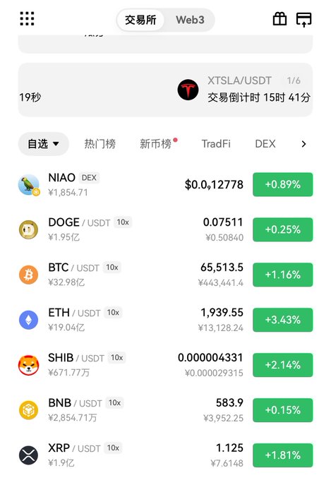 A mobile crypto exchange interface in Chinese showing a countdown of 19 seconds with a Web3 tab and 'XTSLA/USDT' token, listing cryptocurrency prices including NIAO (+0.89%), DOGE/USDT (0.07511, +0.25%), BTC/USDT (65,513.5, +1.16%), ETH/USDT (1,939.55, +3.43%), SHIB/USDT (+2.14%), BNB/USDT (583.9, +0.15%), and XRP/USDT (1.125, +1.81%).