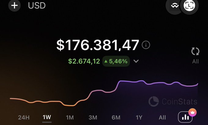 A CoinStats cryptocurrency portfolio screen showing a USD balance of $176,381.47 with a weekly gain of $2,674.12 (+5.46%), accompanied by a purple line chart.