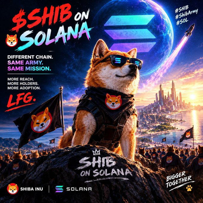 A promotional graphic for '$SHIB ON SOLANA' featuring a Shiba Inu dog wearing sunglasses and a tactical vest, with slogans 'DIFFERENT CHAIN. SAME ARMY. SAME MISSION.' and 'LFG.'