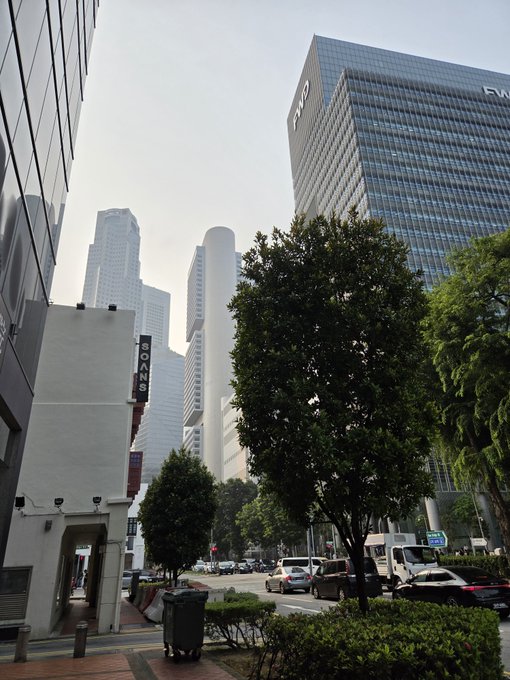 A street view of a city shows tall skyscrapers, trees, and passing traffic under a hazy sky.