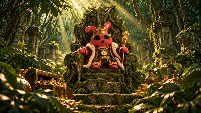 A red stuffed bunny wearing sunglasses and a gold crown sits regally on a moss-covered throne in a jungle, holding a golden scepter, surrounded by treasure chests and gold coins.