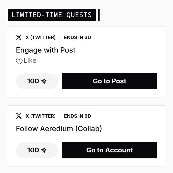 The image shows a "LIMITED-TIME QUESTS" section with two Twitter (X) tasks: liking a post worth 100 points (ending in 3 days) and following Aeredium as a collaboration worth 100 points (ending in 6 days). This relates to the post by promoting available Quip Network airdrop tasks, including the Aeredium collaboration requiring a referral code to complete.