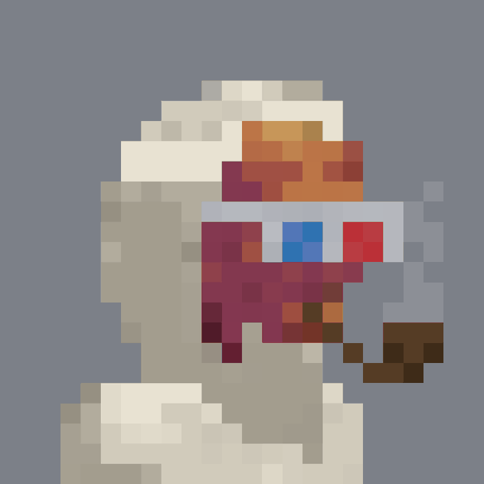 A highly pixelated image shows an indistinct figure with white, red, blue, and brown blocks of color against a solid blue background.