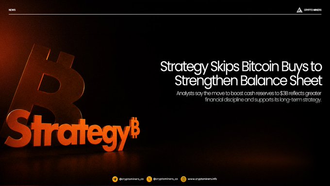 The image is a news graphic from Crypto Markets featuring a stylized Bitcoin logo and the "Strategy$" logo in red on a dark background, with the headline "Strategy Skips Bitcoin Buys to Strengthen Balance Sheet" and a subheading noting analysts' view that boosting cash reserves to $3B reflects greater financial discipline and supports long-term strategy. The visual reinforces the article's theme of Strategy (formerly MicroStrategy) pausing Bitcoin accumulation to bolster liquidity rather than adding to its crypto holdings.