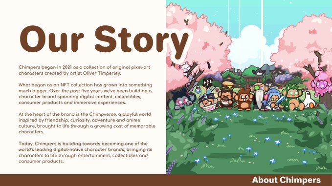 'Our Story' page for Chimpers, an NFT collection started by artist Olive Timperley in 2021, featuring pixel-art chimp characters under cherry blossom trees.