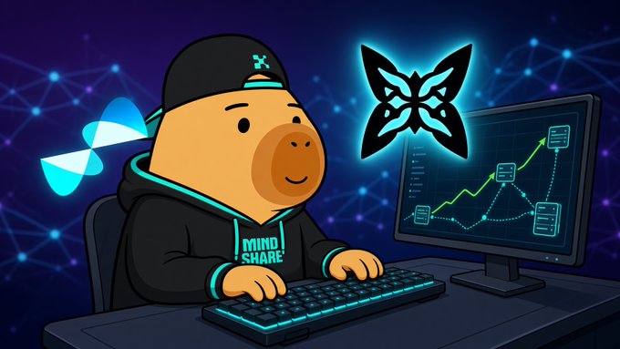 A cartoon mascot wearing a 'MIND SHARE' hoodie and a cap sits at a glowing computer setup, with a butterfly logo and a digital chart displayed on the monitor.