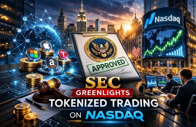 A financial news graphic announces 'SEC GREENLIGHTS TOKENIZED TRADING ON NASDAQ' featuring the SEC seal, Nasdaq logo, stock charts, cryptocurrency coins, and a courtroom scene.