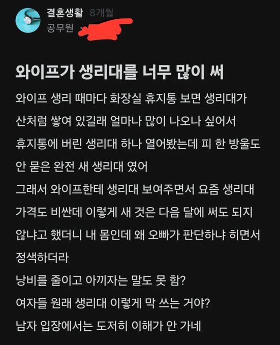 A screenshot of a Korean review posted 8 months ago titled '와이프가 생리대를 너무 많이 써' (Wife uses too many sanitary pads), with the user's name redacted.