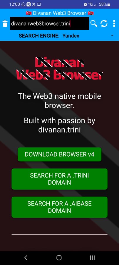 A mobile screenshot of 'Divanan Web3 Browser' (divananweb3browser.trini) with options to 'DOWNLOAD BROWSER v4', 'SEARCH FOR A .TRINI DOMAIN', and 'SEARCH FOR A .AIBASE DOMAIN'.