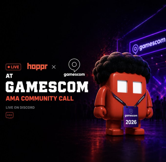 A promotional banner announces a 'LIVE AT GAMESCOM AMA COMMUNITY CALL' featuring the 'hoppr' logo, with a red 3D character wearing a gamescom 2026 badge against a dark stage background.