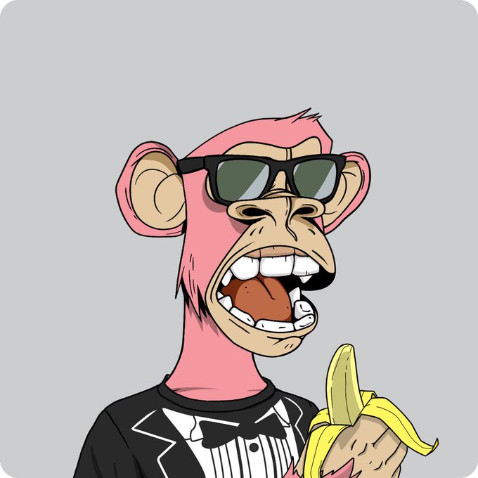 A cartoon illustration of a pink monkey wearing black sunglasses and a black tuxedo with a bow tie, holding and eating a yellow banana.