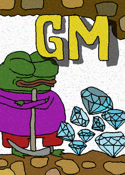 A Pepe-style frog character in a purple robe stands next to a pile of diamonds, with the bold yellow text "GM" displayed prominently at the top, fitting the "GM" (good morning) greeting common in crypto communities.
