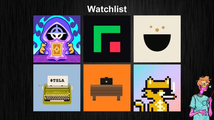 A graphic titled 'Watchlist' displaying six colorful icons including a hooded figure, a green pixel logo, a smiling face, a typewriter reading '$TSLA', a briefcase, and a pixelated cat, alongside an illustrated figure.