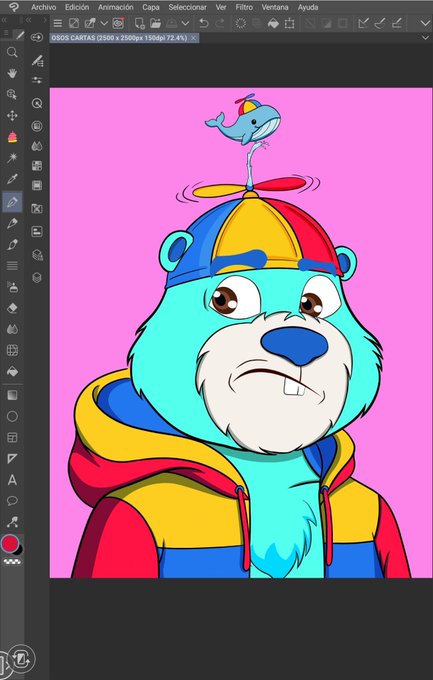 Digital illustration in a painting software interface (Spanish menu) showing a cartoon turquoise bear wearing a colorful hoodie and propeller hat with a small blue bird on top, set against a pink background.