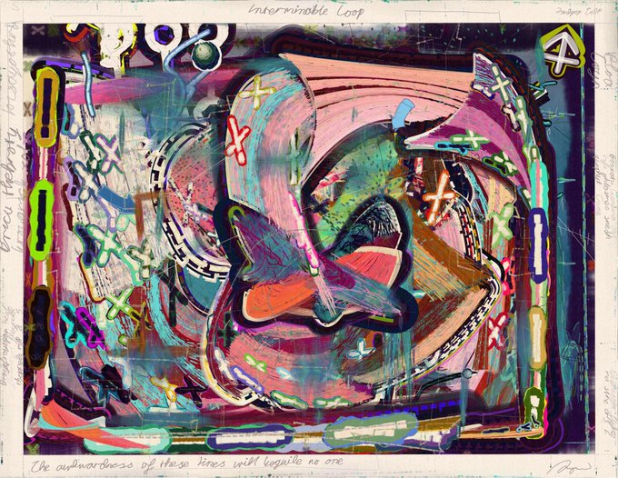 A colorful abstract painting titled "Insurmountable Loop" with handwritten text along the borders including "The awkwardness of these times will require no one" and "Gregory Hales," featuring chaotic brushstrokes, X marks, and vibrant shapes.