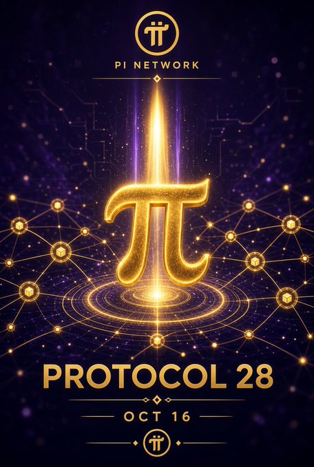 A promotional graphic for 'PI NETWORK' announcing 'PROTOCOL 28' on 'OCT 16', featuring a glowing golden pi symbol with a sword descending from above on a dark purple background.