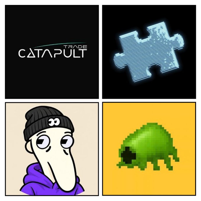 A 2x2 grid of NFT project images featuring the Catapult Trade logo, a glowing pixelated puzzle piece for @traceforms, a cartoon character in a beanie for @fomoater, and a pixelated green alien for @Inscription1, showcasing the upcoming NFT drops with their respective supply, price, and launch details.