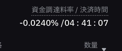 A dark screen displays Japanese text "資金調達利率 / 決済時間" (funding rate / settlement time) with values "-0.0240% / 04:41:07".