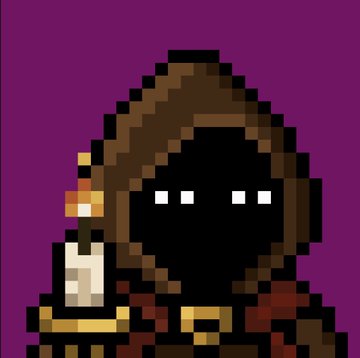 A pixel art depiction of a hooded figure in dark robes with a completely black face except for two small white pixel eyes, holding a lit candle against a solid purple background.