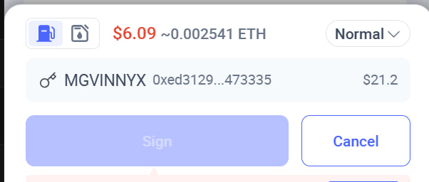 A digital wallet transaction screen showing a pending transaction of $6.09 (~0.002541 ETH) to address MGVINNYX 0xed3129...473335, with 'Sign' and 'Cancel' options available.