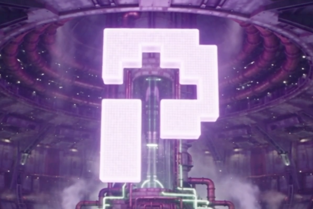 A glowing white geometric logo floats in front of a purple-lit industrial facility with pipes and machinery, with mist rising at the base.