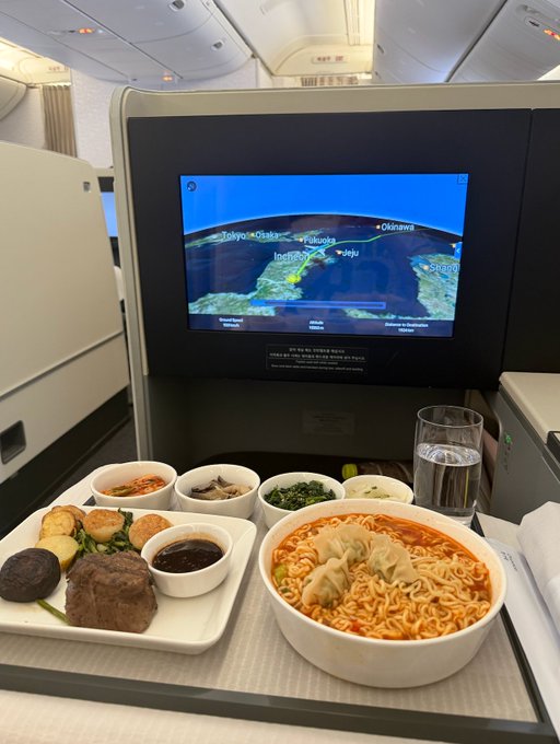 The image shows a tray of food placed on an airplane seat, with a large screen displaying a map of Korea above it. The tray contains various dishes such as noodles, meat, and vegetables. A glass of water is also present on the tray. The scene suggests that someone has prepared this meal for their flight, possibly to enjoy during the journey or to share with fellow passengers.