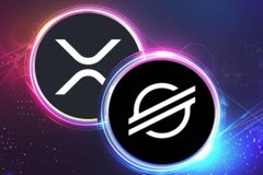 The image displays the Stellar (XLM) logo alongside its stylized "S" emblem, glowing in neon pink and blue tones against a cosmic backdrop. This visually reinforces the post's announcement of Tradable tokenizing up to $1 billion in private credit on the Stellar blockchain, highlighting XLM as Wall Street's chosen network for moving real-world assets onchain.