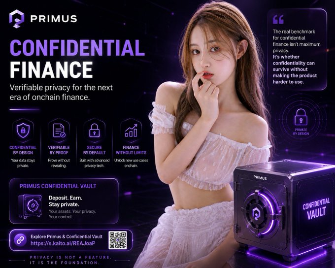 An advertisement for 'PRIMUS' featuring confidential onchain finance services, a woman in a light-colored outfit, and a 'Confidential Vault' graphic with a QR code link to kaito.ai.