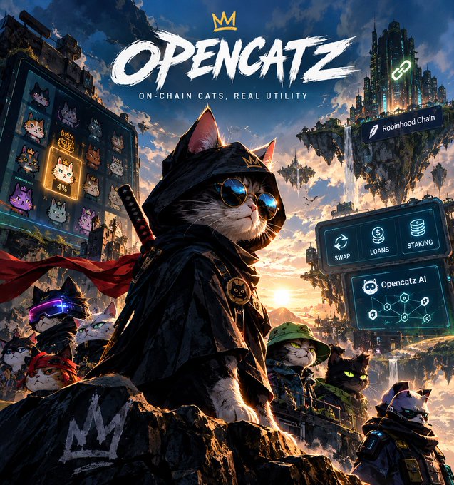 Promotional graphic for "OPENCATZ" with the tagline "ON-CHAIN CATS, REAL UTILITY," featuring a cat in a hooded cloak with sunglasses and a katana, alongside UI elements showing Swap, Loans, Staking, and "Opencatz AI."