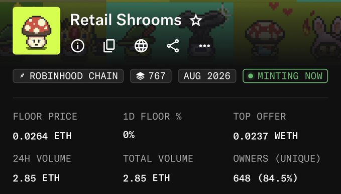 The image shows a NFT collection page for "Retail Shrooms" on Robinhood Chain, featuring 767 items minted in August 2026 with a floor price of 0.0264 ETH, a top offer of 0.0237 WETH, and 648 unique owners (84.5%). This aligns with the post's claim of minting the RetailShrooms NFTs and obtaining a low 0.026 ETH floor price through the LS Cabal allocation.