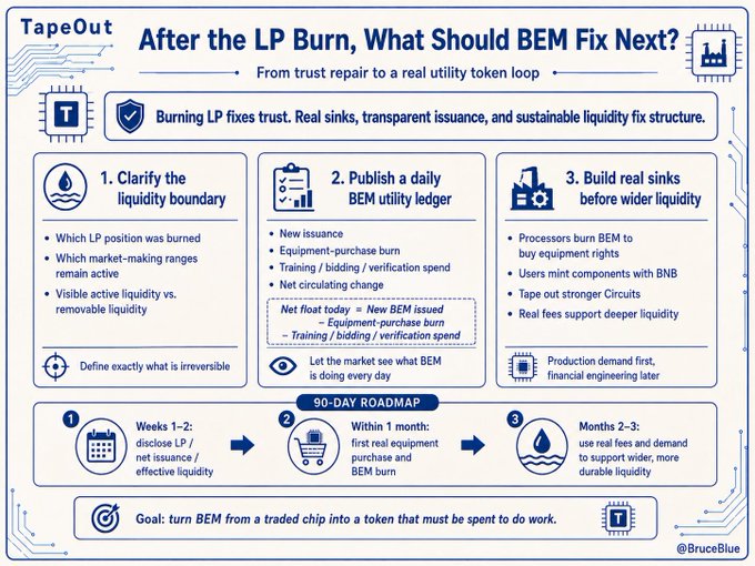 This infographic titled "After the LP Burn, What Should BEM Fix Next?" outlines a strategic roadmap for the BEM token following its LP burn, focusing on "From trust repair to a real utility token loop." It presents three key initiatives: (1) clarifying liquidity boundaries, (2) publishing a daily BEM utility ledger showing the "Net float today" equation, and (3) building real sinks through processor burns, BNB component minting, and TapeOut hardware integration. A 90-day roadmap details phases from LP closure in weeks 1-2 to wider liquidity support in months 2-3, with the stated goal of "turning BEM from a traded chip into a token that must be spent to do work"—directly reinforcing the post's message about the LP burn being a genuine commitment to long-term alignment rather than a flashy exit.