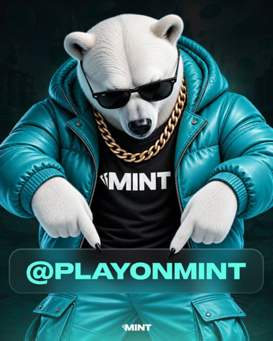 A digital illustration of a polar bear wearing sunglasses, a teal puffer jacket, and a gold chain, with text 'MINT' on its shirt and '@PLAYONMINT' at the bottom.