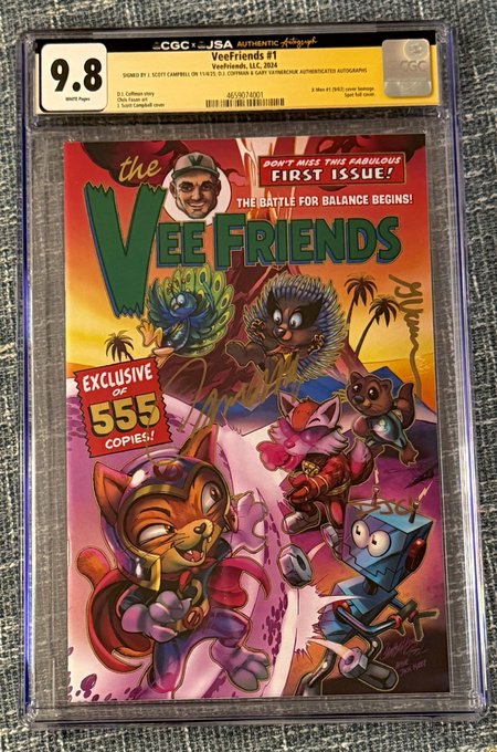 A graded CGC 9.8 copy of the 'VeeFriends' #1 comic book, marked as a 'FIRST ISSUE' with an 'Exclusive of 555 copies' badge, featuring colorful cartoon animal characters.