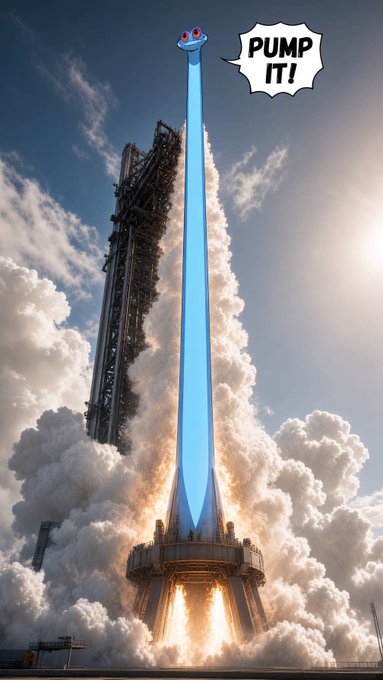 A highly stylized image of a rocket launching with a long blue shaft topped with a cartoon face, accompanied by a speech bubble saying 'PUMP IT!'.