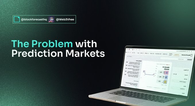 A presentation slide titled 'The Problem with Prediction Markets' from @blockforecasthq and @Web3Vhee, showing a laptop displaying a trading interface with charts and data.