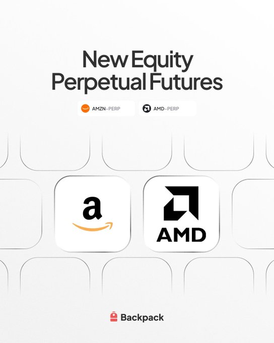 Promotional graphic for Backpack announcing 'New Equity Perpetual Futures' featuring Amazon (AMZN-PERP) and AMD (AMD-PERP) logos.