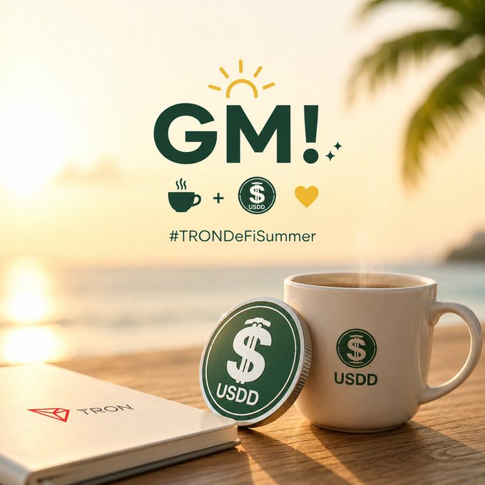 A promotional "#TRONDeFiSummer" graphic showing "GM!" with coffee and USDD (stablecoin) icons, featuring a beach scene with palm trees, a steaming coffee mug branded "USDD," a coin with a dollar sign, and a TRON-branded notebook.