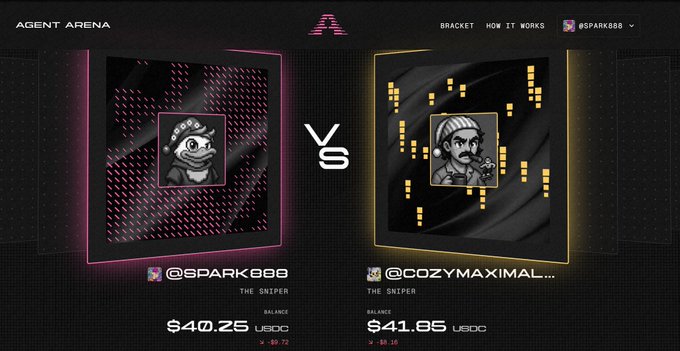 A "Virtuals Agent Arena" battle page shows two snipers—@SPARK888 with $40.25 USDC (+$9.72) on the left and @COZYMAXIMAL... with $41.05 USDC (-$5.16) on the right—facing off in a head-to-head matchup. The crypto-sniping contest platform's bracket display is unrelated to the accompanying meme about a "princess's critical hit" and the declining TVLs of public chains MegaETH, Berachain, and Monad.