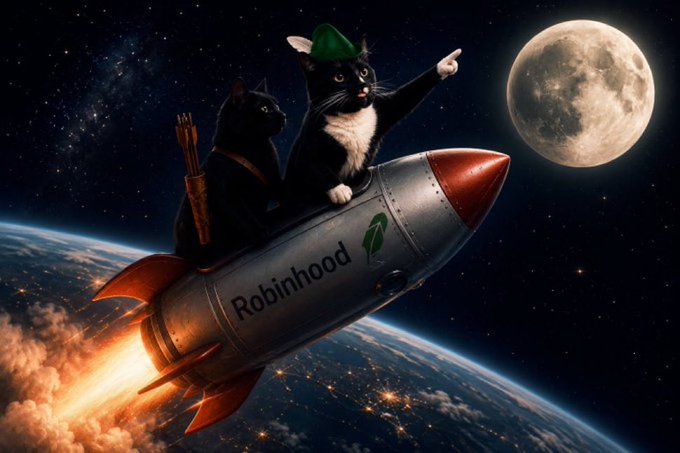 Two tuxedo cats ride a silver rocket labeled "Robinhood" through space toward a large moon, with one cat wearing a green Robinhood hat and pointing at the moon while the other carries a quiver of arrows on its back.