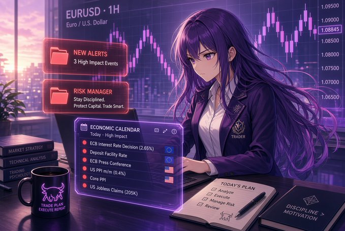 An anime-style illustration of a purple-haired female trader in a suit at a desk, surrounded by EURUSD 1H trading interfaces displaying 'NEW ALERTS - 3 High Impact Events', 'RISK MANAGER - Stay Disciplined. Protect Capital. Trade Smart.', and an 'ECONOMIC CALENDAR' listing events like ECB Interest Rate Decision (2.65%), US PPI m/m (0.4%), and US Jobless Claims (205K).