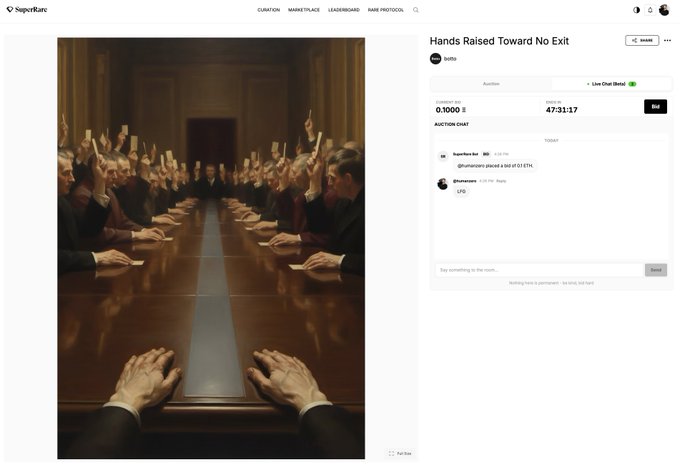 A SuperRare NFT auction page titled 'Hands Raised Toward No Exit,' showing a painting of a council meeting with raised hands and an auction countdown at 47:31:17 with a current bid of 0.1000 ETH.
