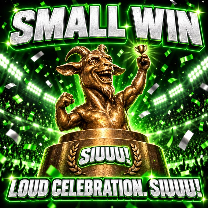 A celebratory gaming graphic with the text 'SMALL WIN' and 'LOUD CELEBRATION. SIUUUU!' featuring a golden goat trophy holding a cup on a pedestal, surrounded by green confetti and stadium lights.