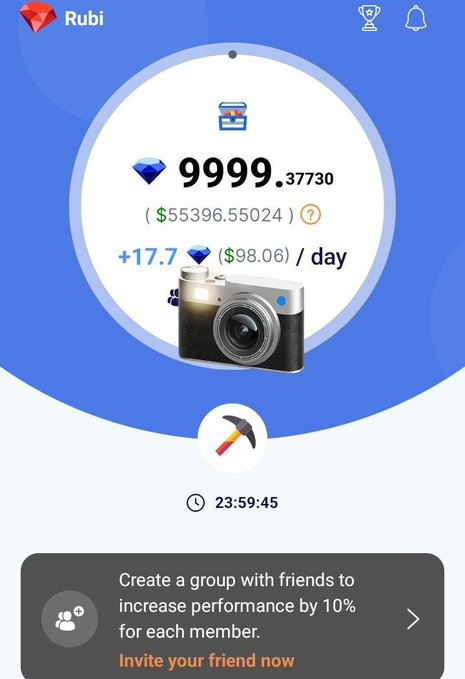A Rubi app screenshot shows a mining balance of 9,999.37730 diamonds (worth $55,396.55024) earning +17.7 diamonds ($98.06) per day, with a promotional banner encouraging users to create a group with friends for a 10% performance boost per member. The large diamond holdings and daily earnings reinforce the post's motivational message about mining and investing harder on Rubi.
