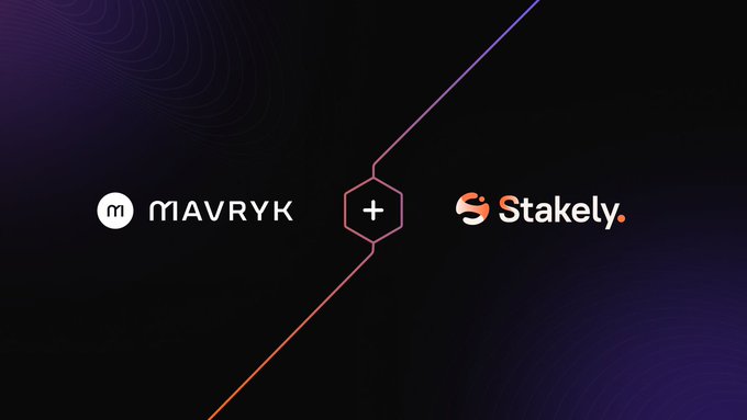 Dark promotional banner with logos for "MAVRYK" and "Stakely" separated by a hexagonal plus symbol, connected by colored lines.