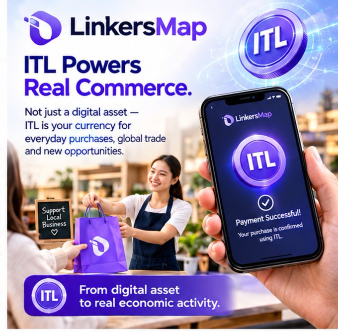 A promotional graphic for 'LinkersMap' advertising 'ITL Powers Real Commerce,' featuring a woman handing a purple shopping bag to a customer alongside a smartphone showing a 'Payment Successful!' screen.