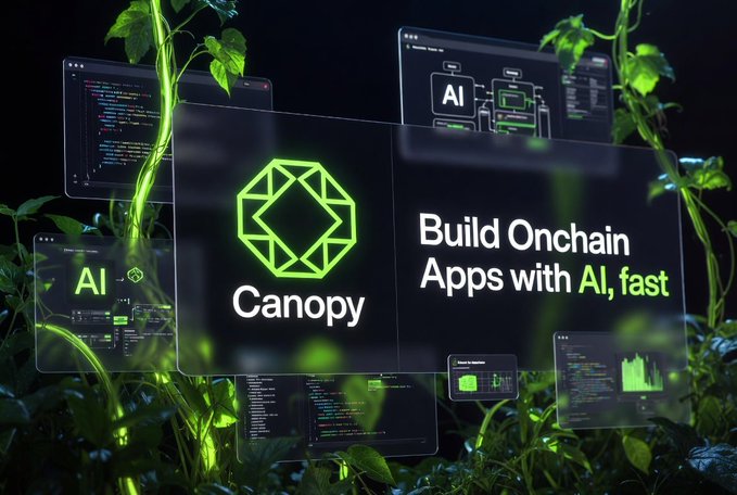 A promotional graphic for 'Canopy' with the tagline 'Build Onchain Apps with AI, fast,' featuring a green hexagonal logo surrounded by floating UI screens in a dark, plant-filled environment.