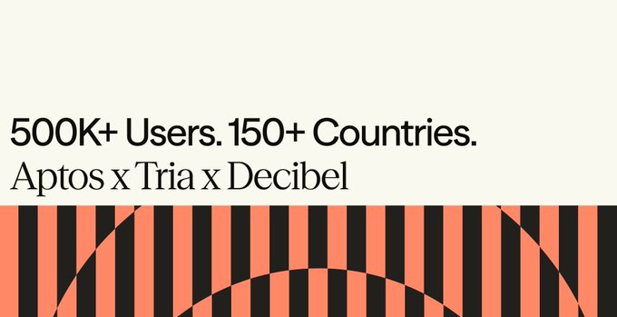 The image features a white background with black stripes and an orange circle that reads "500k+ users, 150+ countries, @useTria x Decibel" written above it. Below this text, there are two lines of text that read "half a million users have already stepped into a faster financial future with @useTria payments, yields, swaps, trading and Visa card spending all run seamlessly within one app". The image is accompanied by a caption that explains the content in more detail.