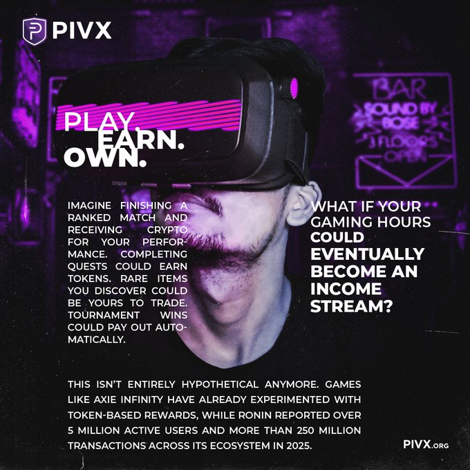 An advertisement for "PIVX" featuring a man wearing a VR headset with purple lighting, promoting the concept of "PLAY. EARN. OWN." and discussing how gaming hours could become an income stream through crypto rewards, referencing games like Axie Infinity and Ronin.