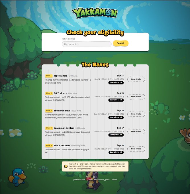 Yakkamon website showing an eligibility check section and 'The Waves' schedule with 5 waves for minting a Ronin gamers NFT, featuring Top Trainers (Wave 1, Sep 14), OG Trainers (Wave 2, Sep 15), The Ronin Wave (Wave 3, Sep 16), Yakkamon Hunters (Wave 4, Sep 17), and Public Trainers (Wave 5, Sep 18).