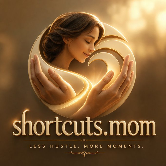 A golden, glowing logo for 'shortcuts.mom' featuring a woman cradling a baby in a heart shape with the tagline 'LESS HUSTLE. MORE MOMENTS.'
